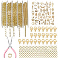 Gold jewelry making kit with chains, charms, clasps, jump rings, and pliers on a white background.