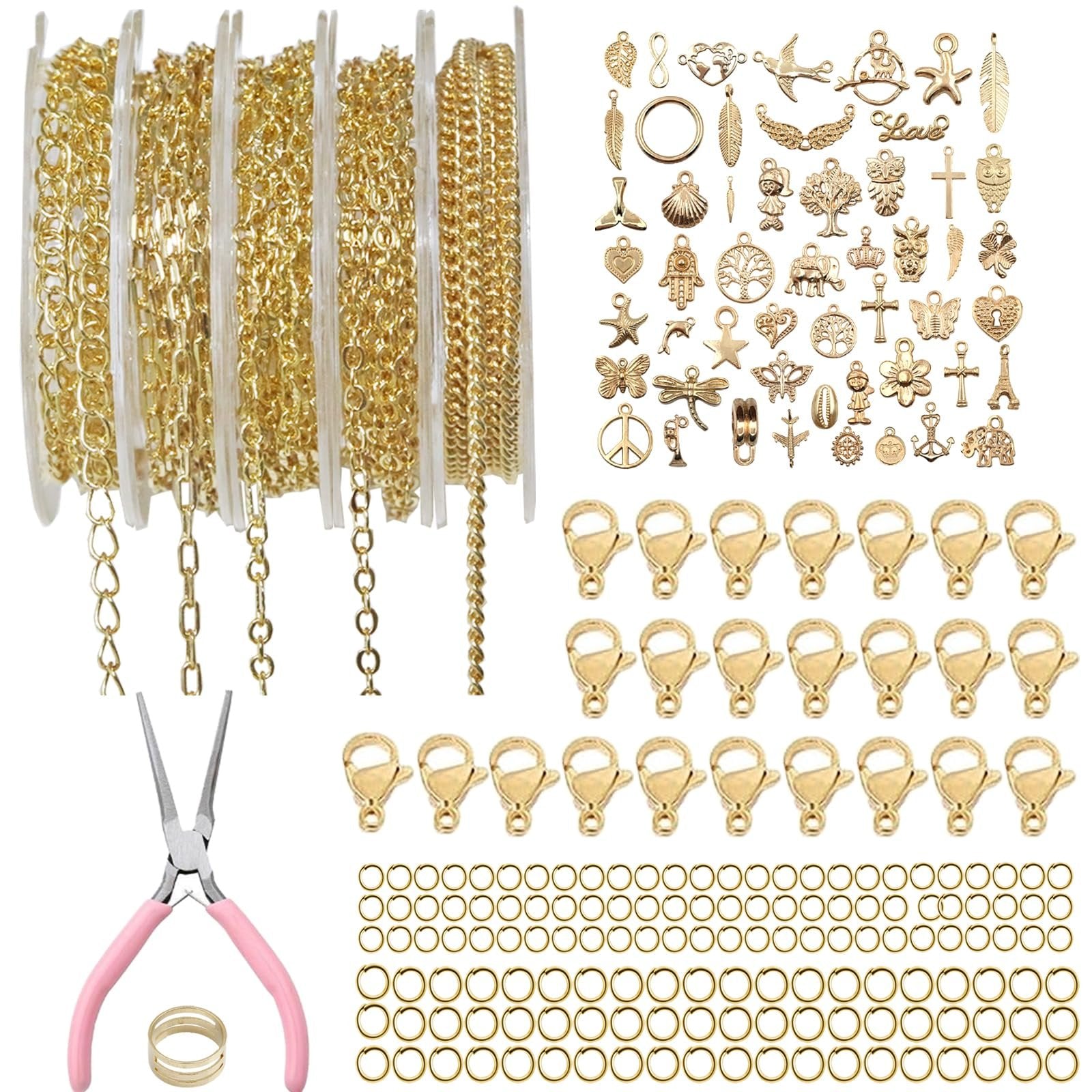 Gold jewelry making kit with chains, charms, clasps, jump rings, and pliers on a white background.