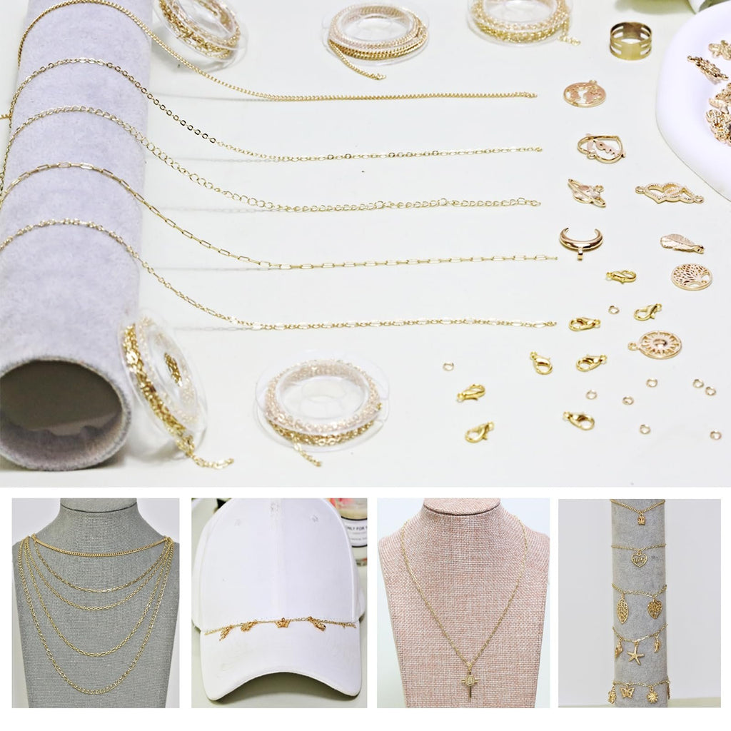 Jewelry making kit components including chains, charms, clasps, and jump rings, plus examples of finished necklaces and a decorated cap.