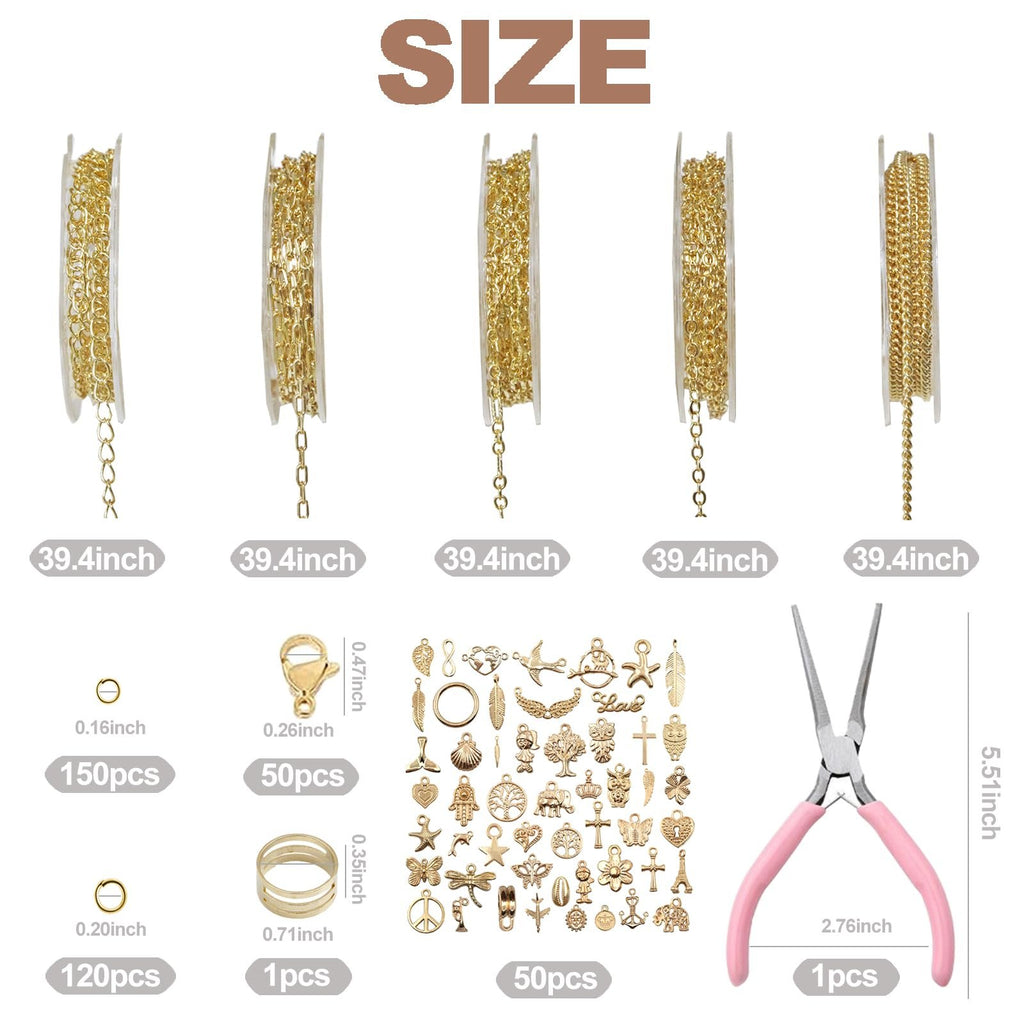 Jewelry making kit components including five spools of gold chain, assorted charms, jump rings, clasps, and pliers, with size callouts.