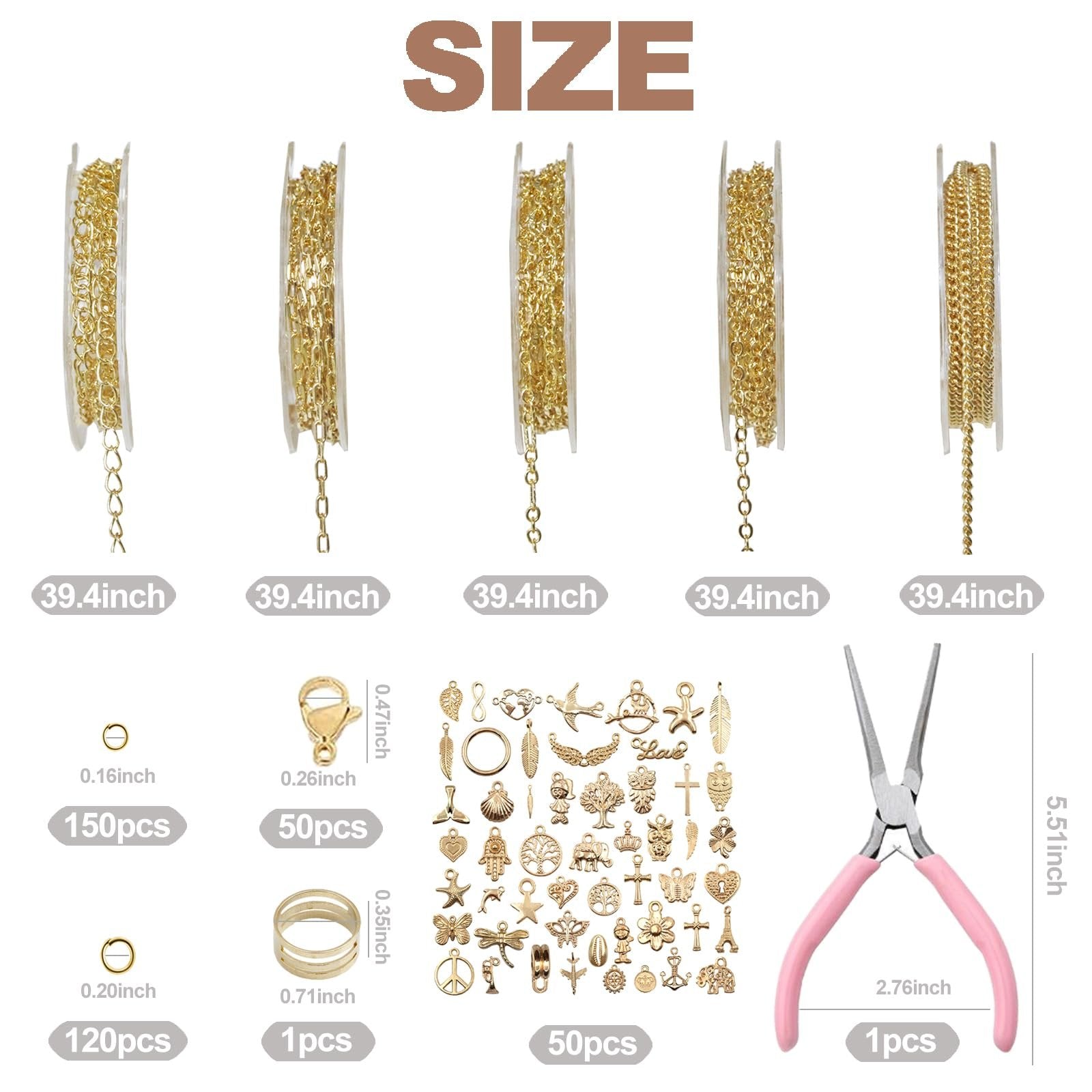 Jewelry making kit components including five spools of gold chain, assorted charms, jump rings, clasps, and pliers, with size callouts.