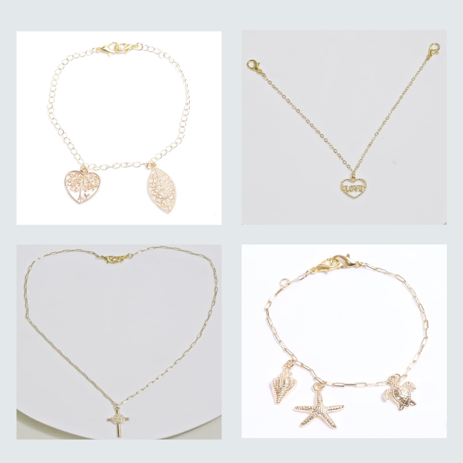 Four gold-tone jewelry pieces: bracelet with tree and leaf charms, bracelet with 'love' heart charm, necklace with cross pendant, bracelet with shell, starfish, and turtle charms.