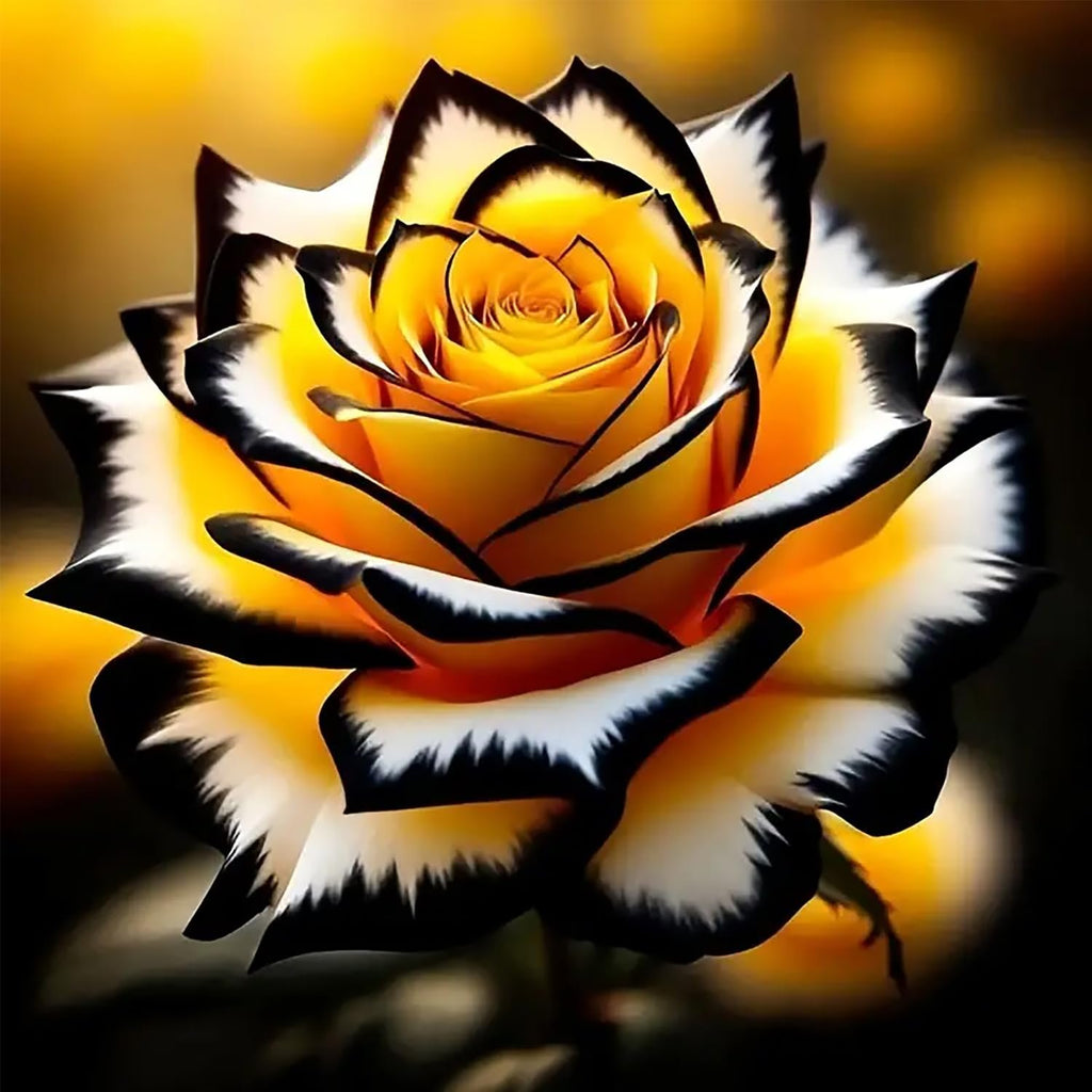 Close-up of a yellow rose with black-edged petals against a blurred yellow and dark background.
