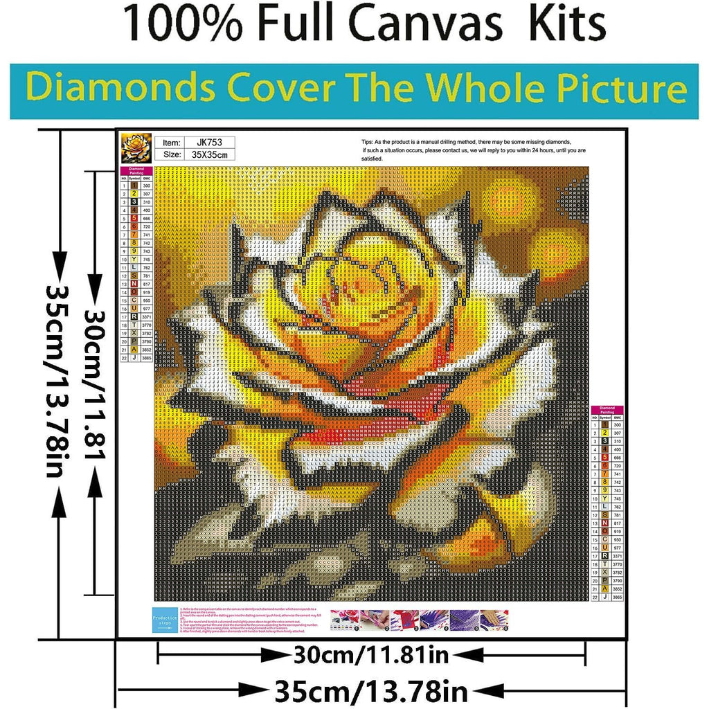 Diamond painting kit featuring a yellow rose design with color symbol key and size dimensions.