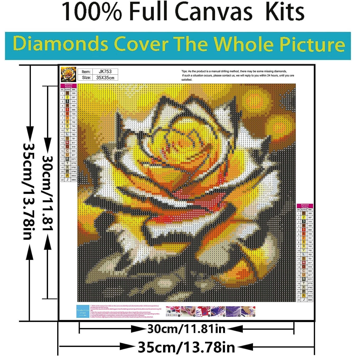Diamond painting kit featuring a yellow rose design with color symbol key and size dimensions.