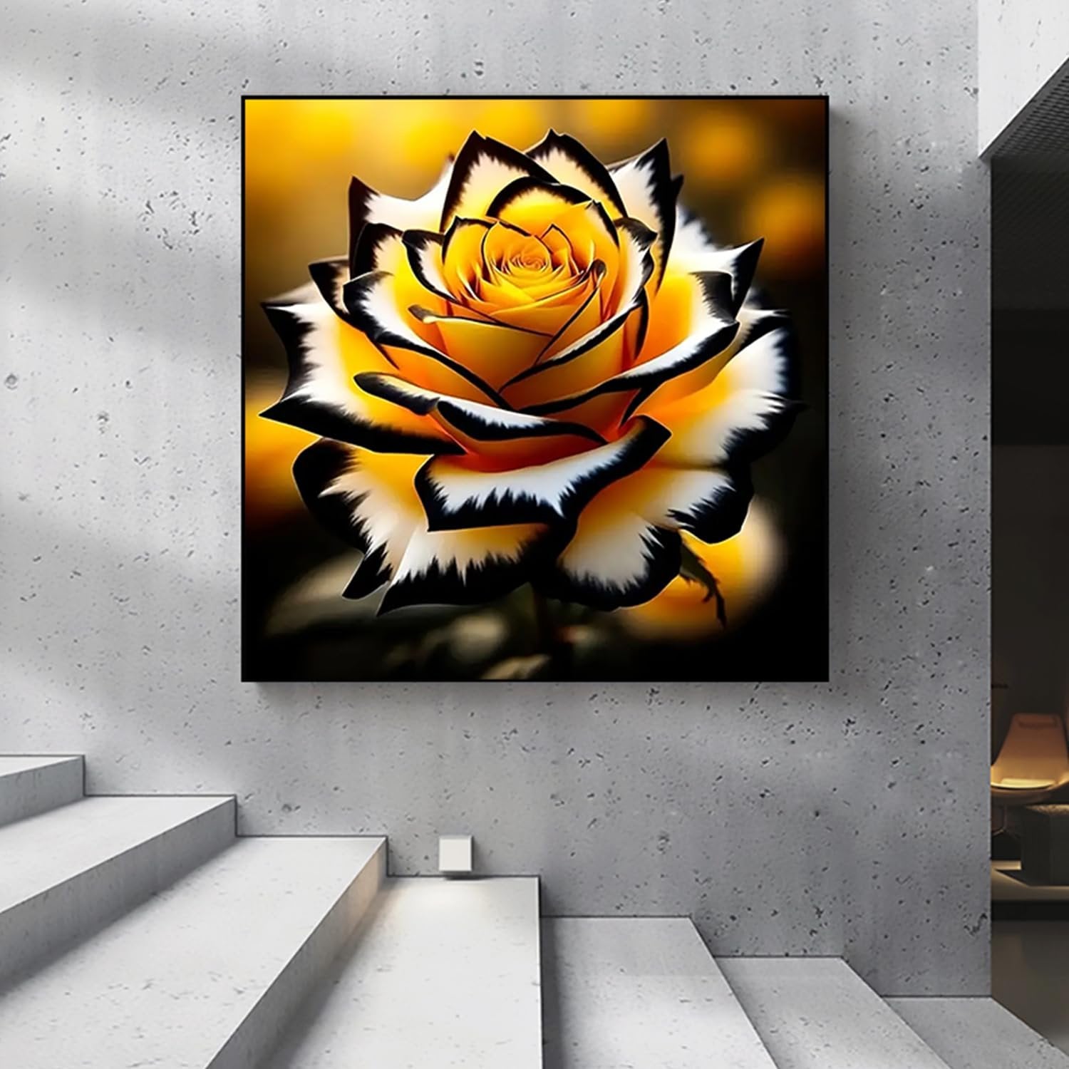 Framed diamond painting of a yellow rose with black and white edges, displayed on a wall above stairs.