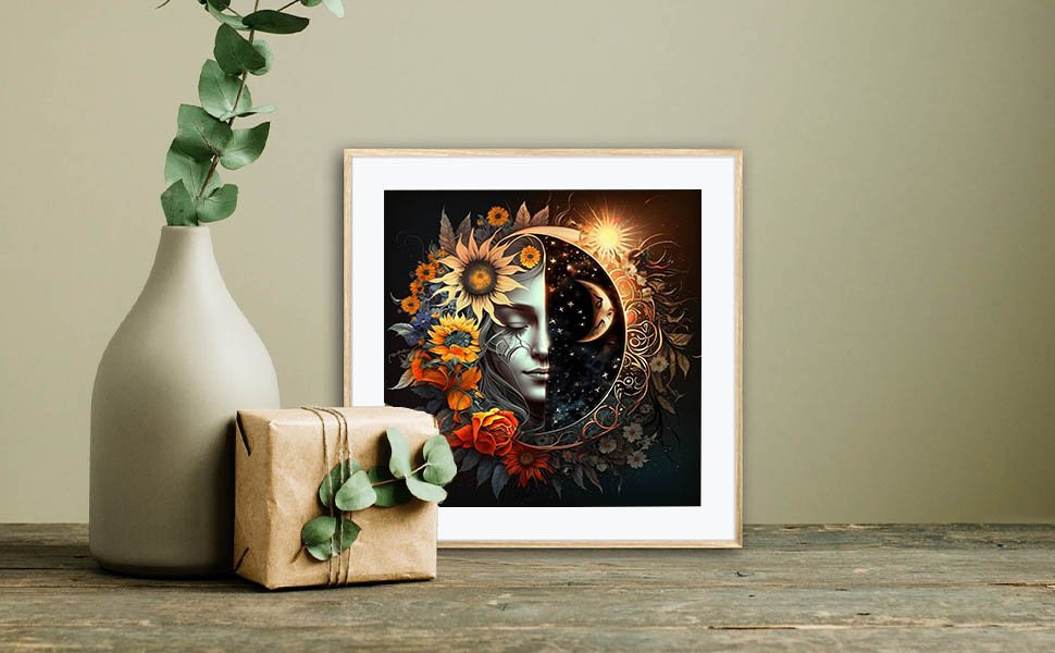 Framed diamond art painting of a woman's face split between day and night, surrounded by flowers and celestial elements.