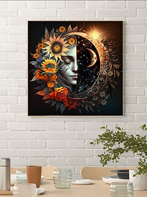 Framed diamond art painting of a woman's face split between day and night, surrounded by flowers and celestial elements.