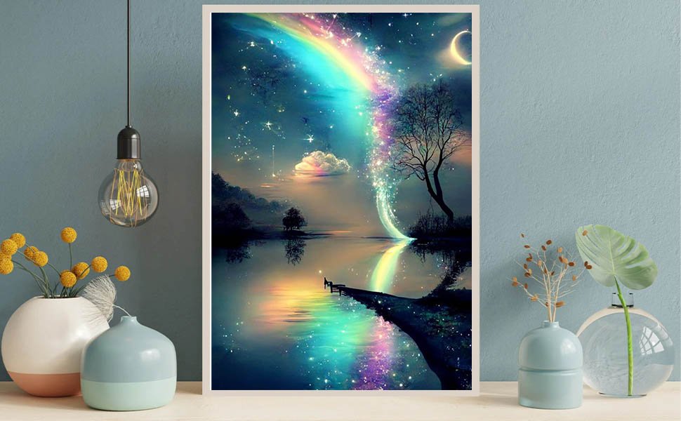Diamond painting kit showing a magical night landscape with a rainbow, moon, stars, and a reflective lake.