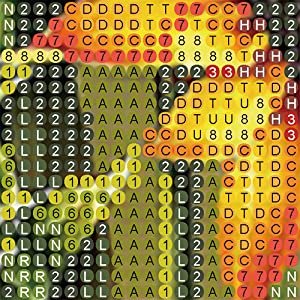 Diamond painting grid with letters and numbers, showing a close-up of a floral pattern.