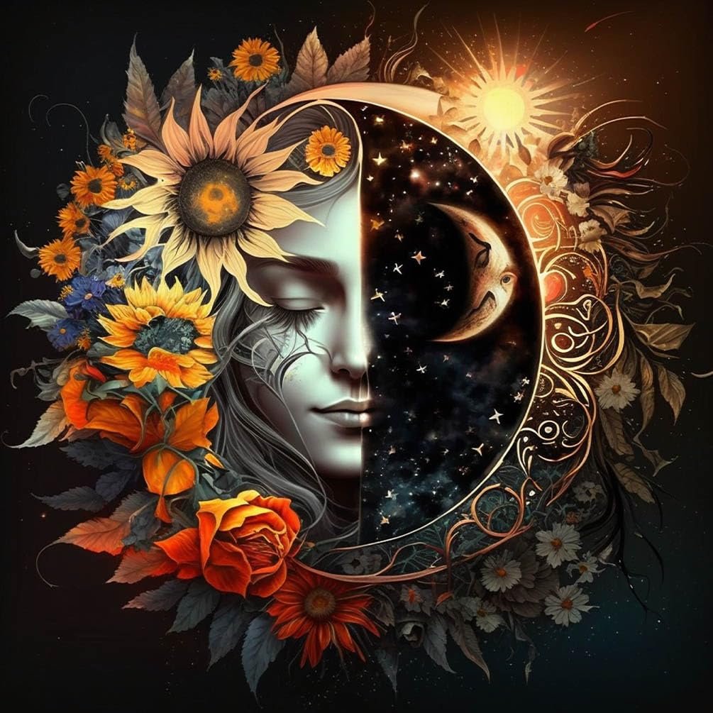 Abstract art of a woman's face split between day and night, surrounded by flowers and celestial elements.