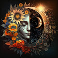 Abstract art of a woman's face split between day and night, surrounded by flowers and celestial elements.