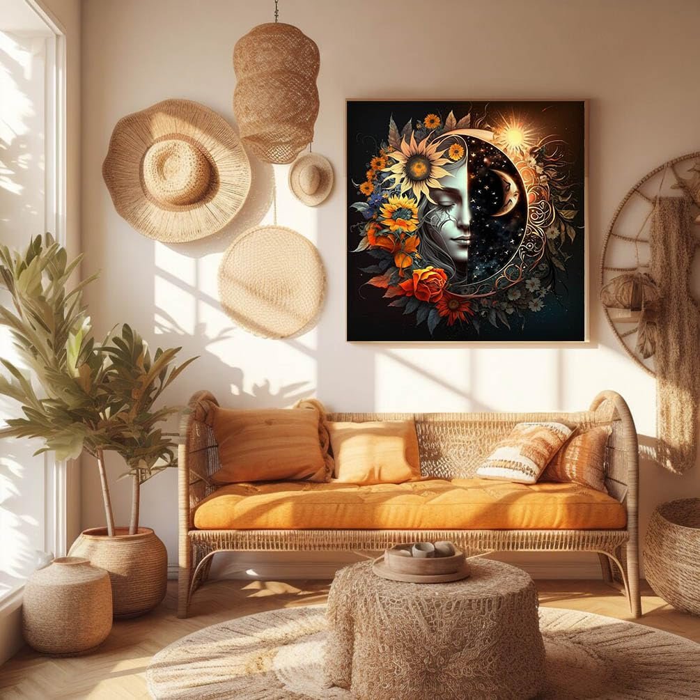 Bohemian living room with a sun and moon diamond art painting on the wall above a rattan sofa.
