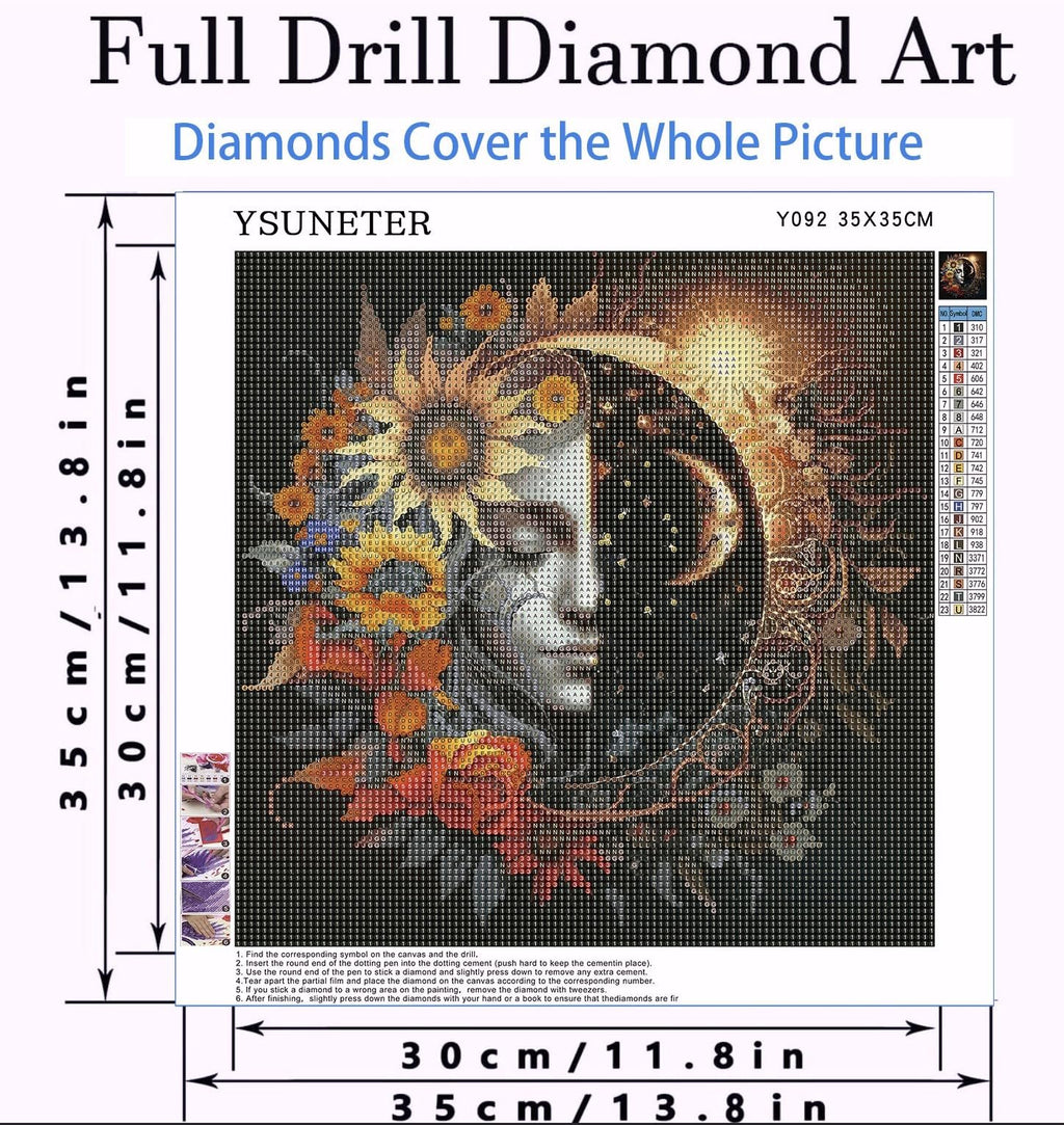 5D diamond painting kit featuring a sun and moon design with sunflowers, showing the canvas with symbols and a color key.