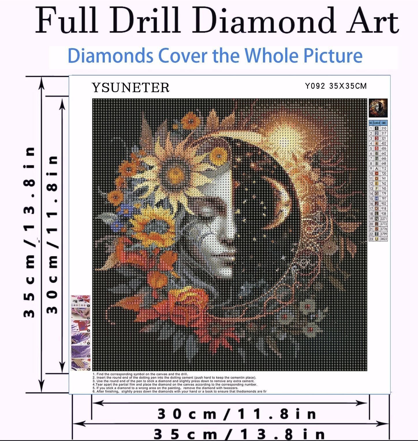 5D diamond painting kit featuring a sun and moon design with sunflowers, showing the canvas with symbols and a color key.