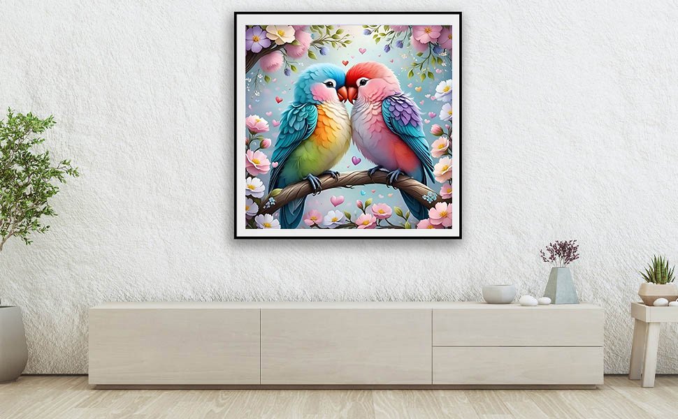 Two colorful birds perched on a branch with pink and white flowers, diamond painting art