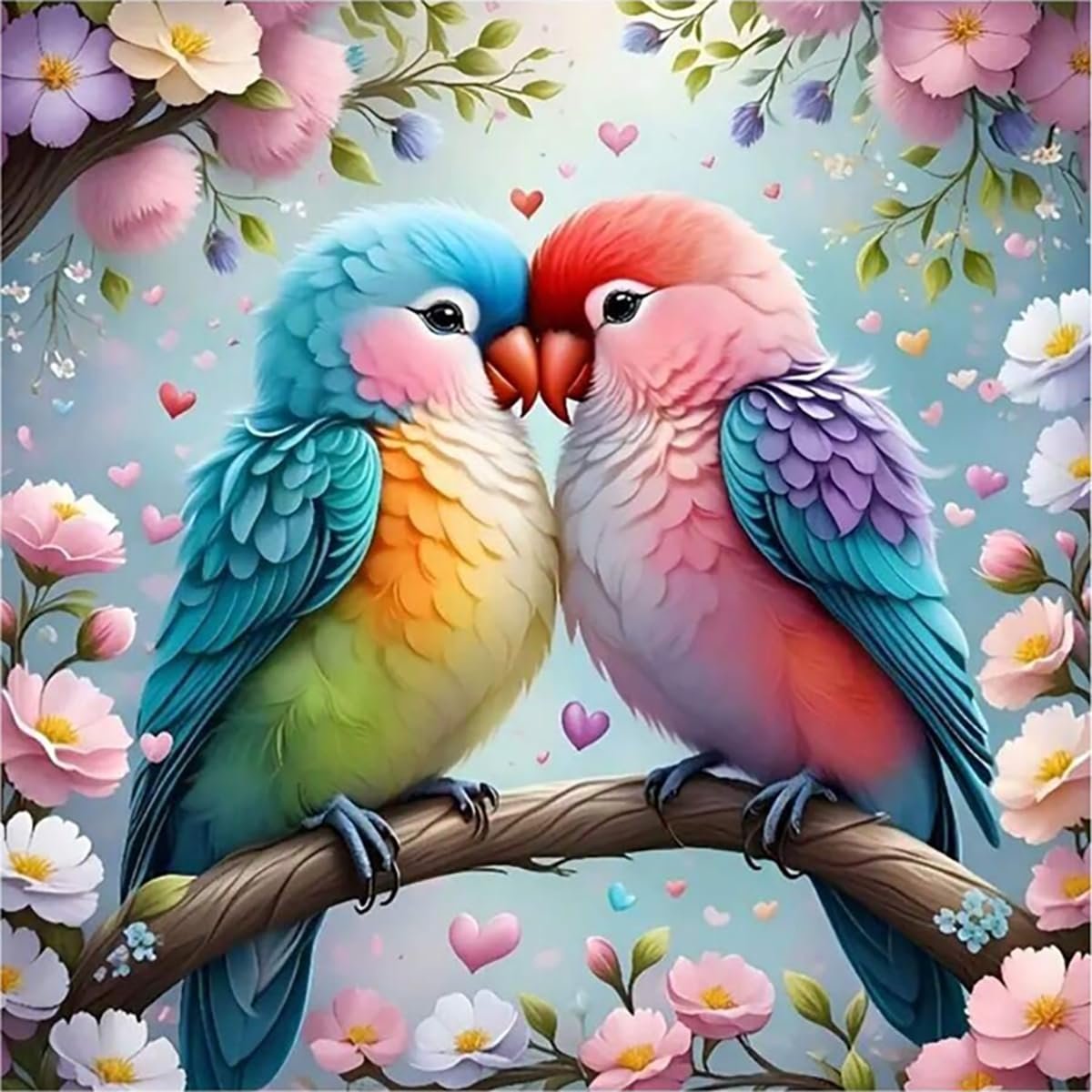Two colorful lovebirds perched on a branch surrounded by flowers and hearts.