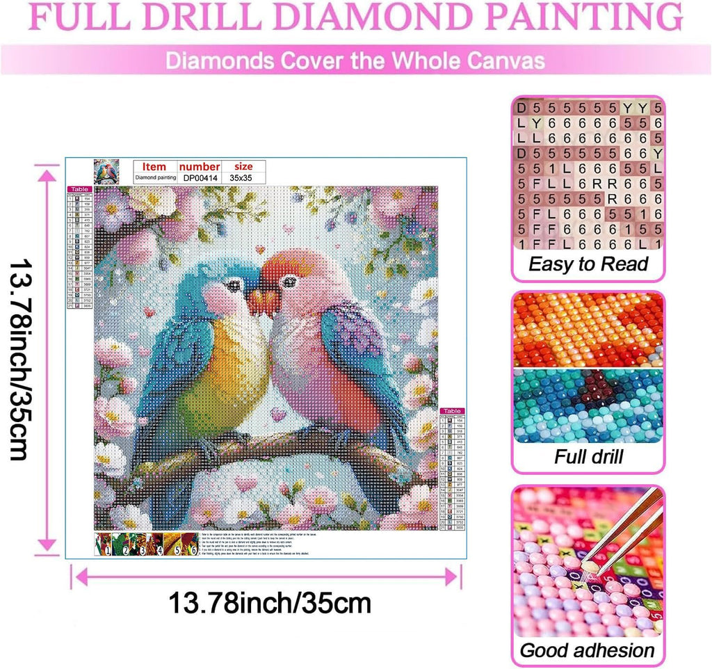 Two lovebirds kissing on a branch, surrounded by pink flowers, part of a 5D diamond painting kit. Includes color chart and size information.