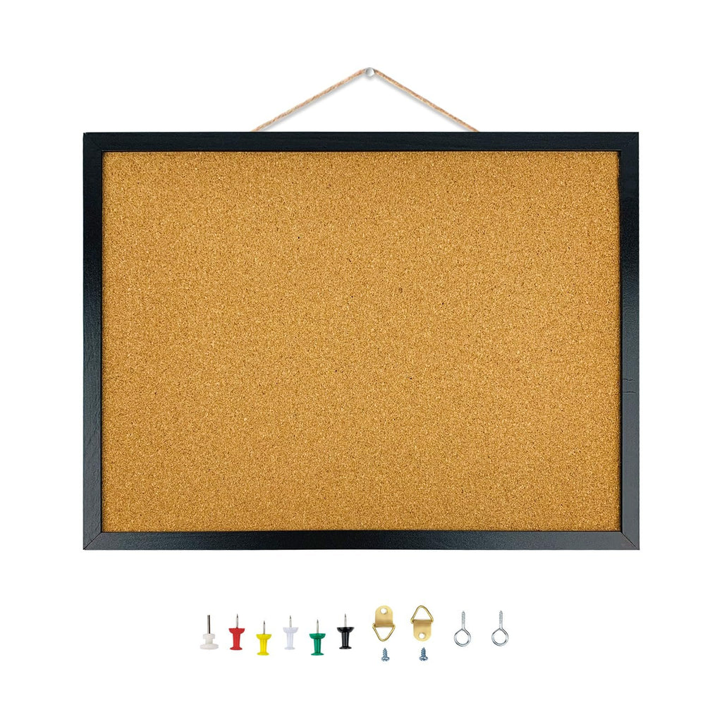 Black framed cork bulletin board with assorted push pins and mounting hardware displayed below