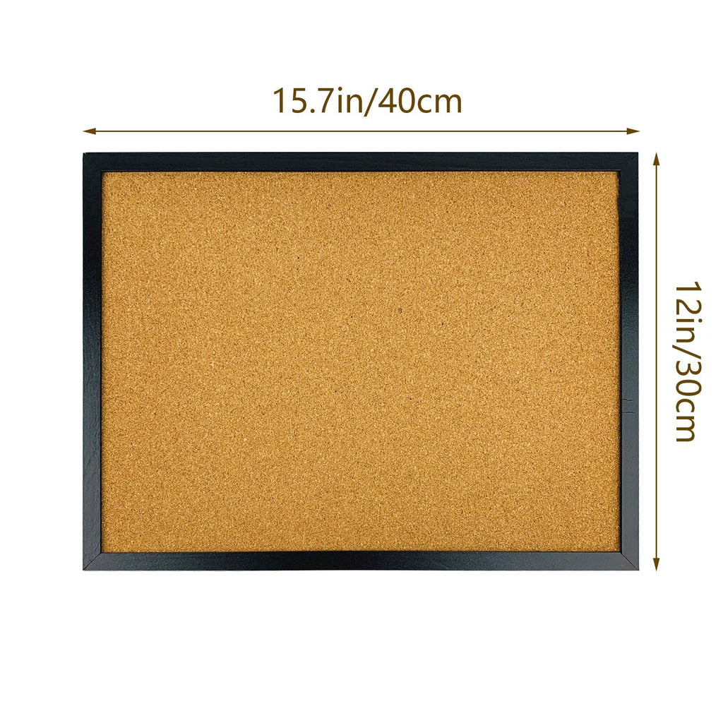 Black framed cork bulletin board with dimensions 15.7in/40cm and 12in/30cm indicated by arrows.