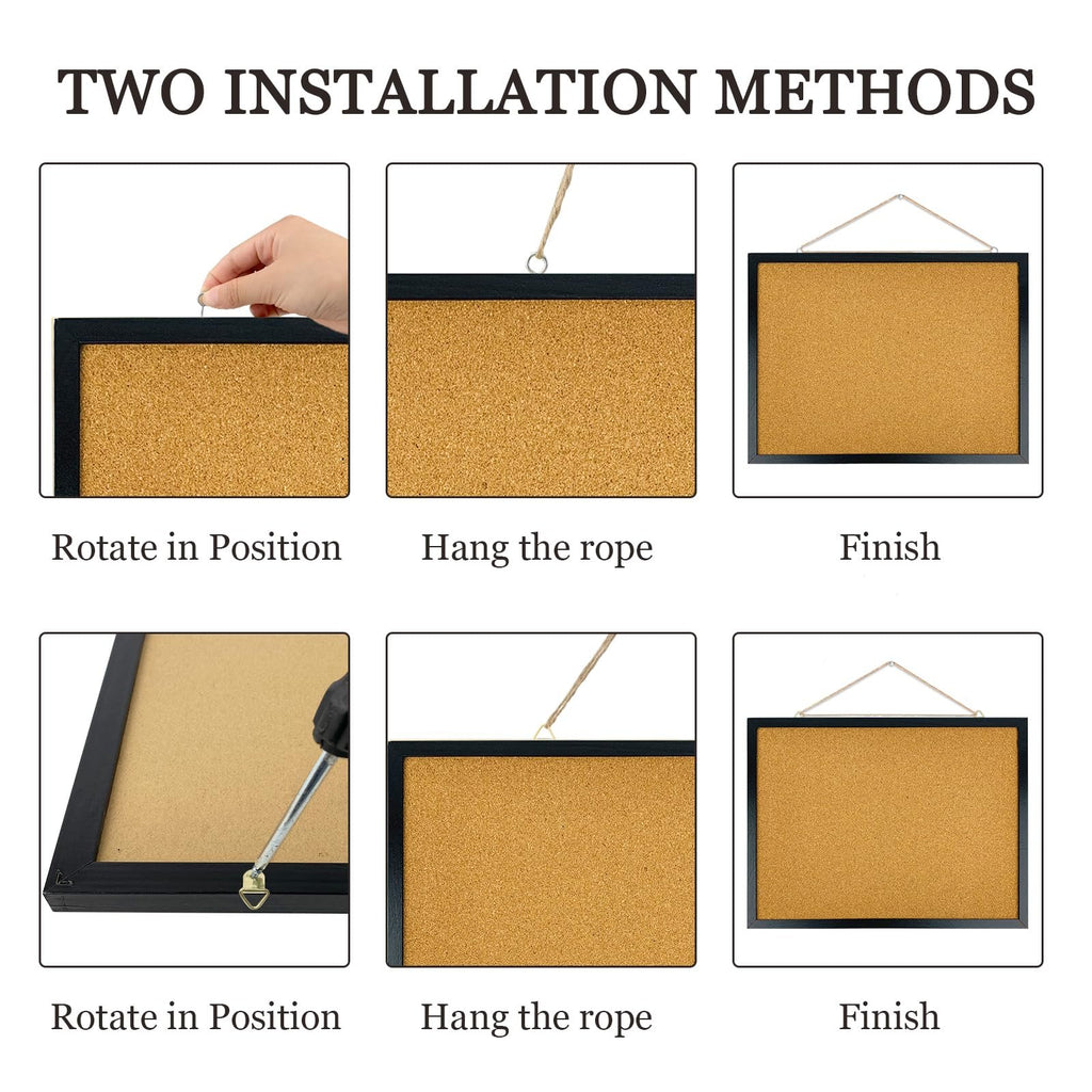 Cork bulletin board installation guide showing two methods: rotating in position, hanging rope, and finishing.
