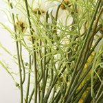 Close-up of the stems and green foliage of artificial white daisy flowers against a white background.