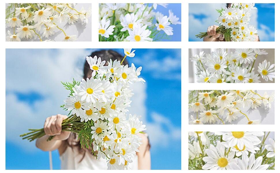 Bouquet of white daisy flowers held by a person against a blue sky background