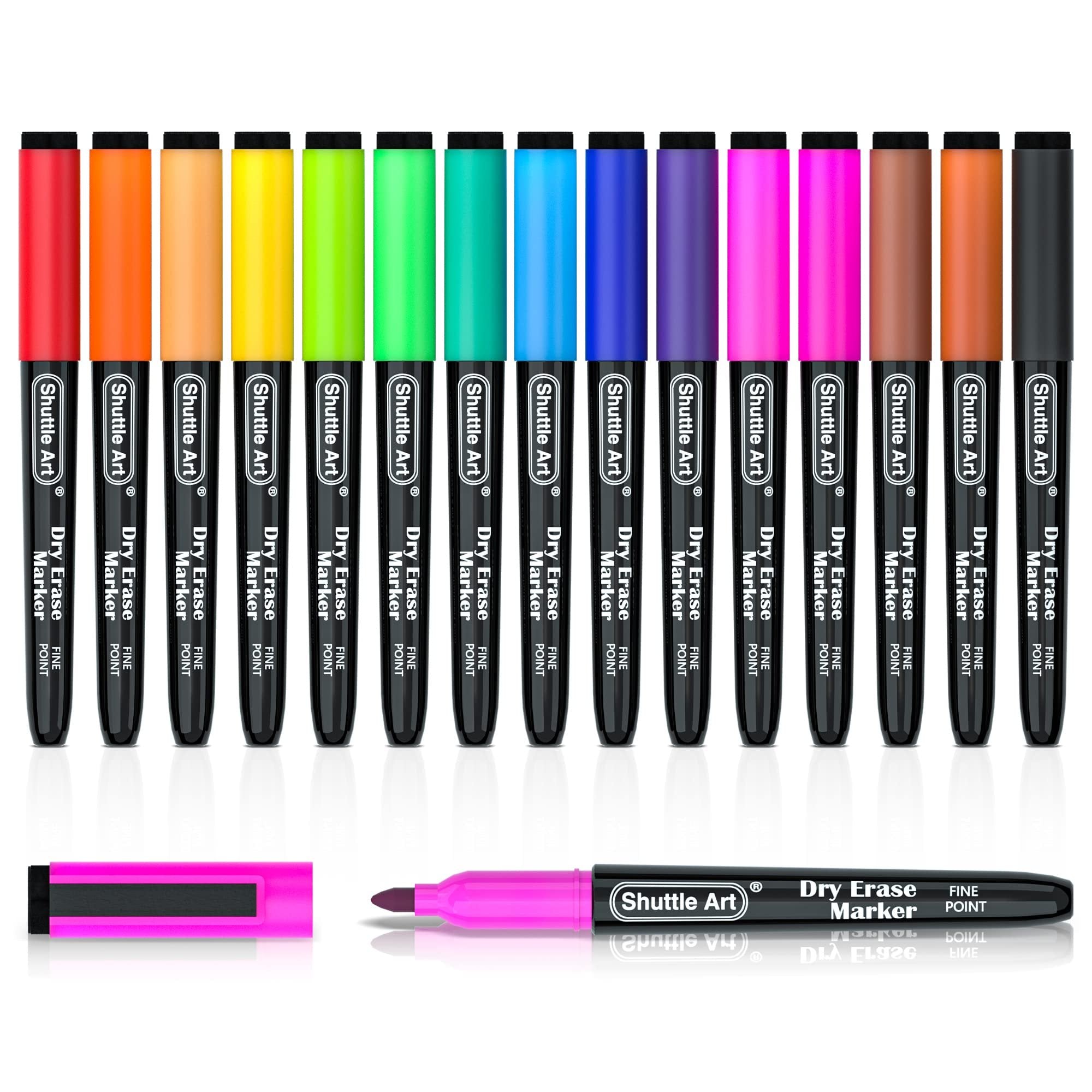 Fifteen fine point dry erase markers in various colors with magnetic caps and built-in erasers, displayed in two rows.