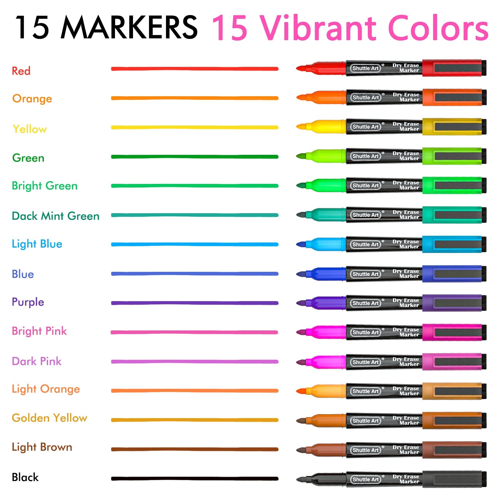 Fifteen fine-tip dry erase markers in various colors, displayed with color swatches and labeled by color name.