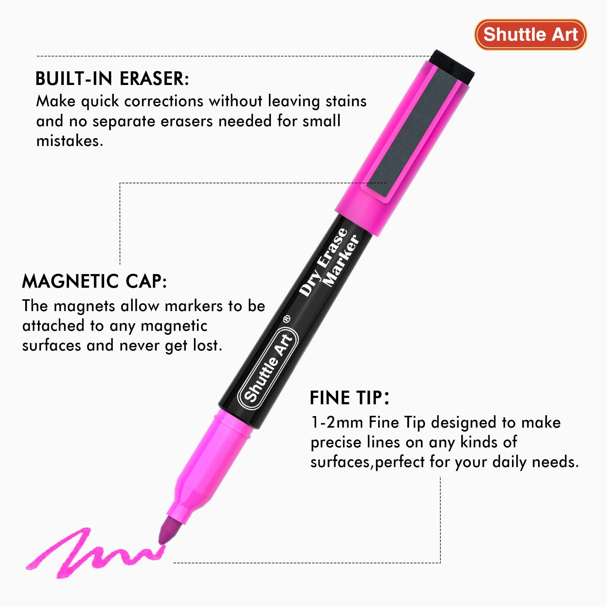 Pink fine tip dry erase marker with magnetic cap and built-in eraser, showing features and writing sample.
