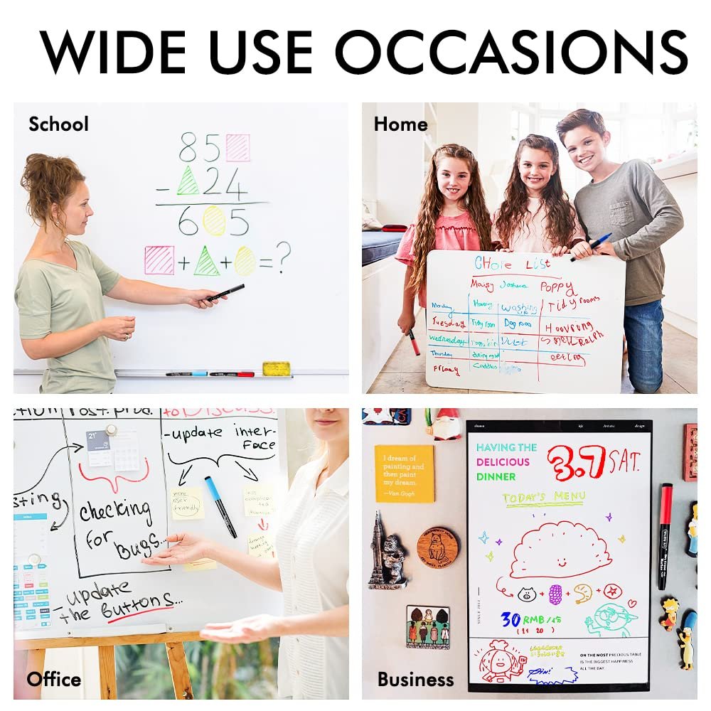 Collage showing dry erase markers used in school, home, office, and business settings.