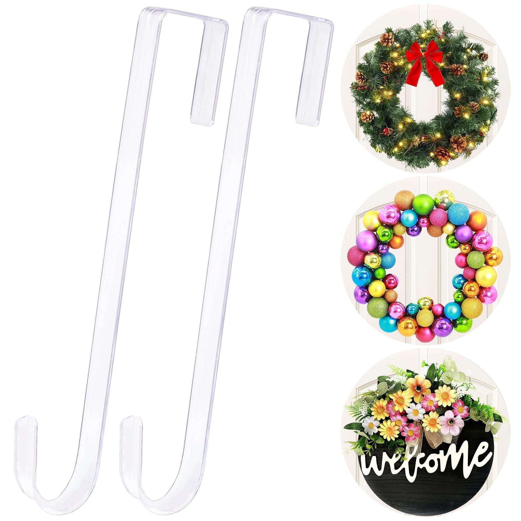 Two clear over-the-door wreath hangers shown from the front, with three circular inset images of decorated wreaths.