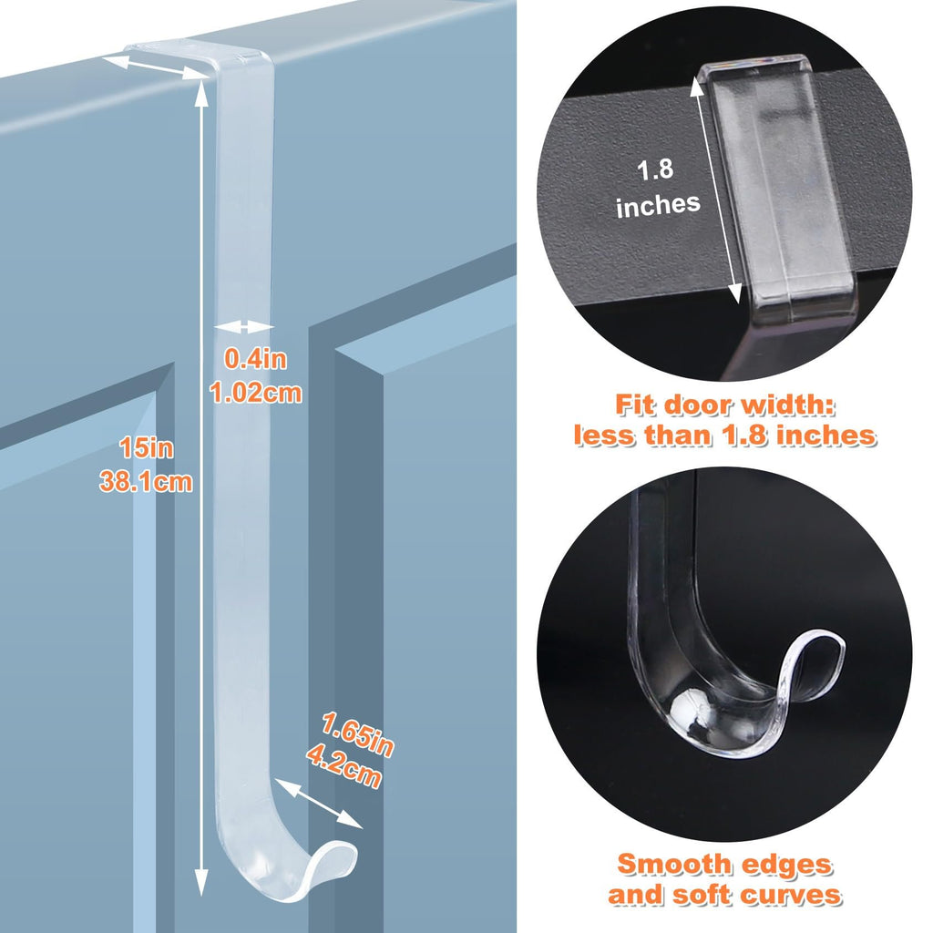 Clear over-the-door wreath hanger shown with dimensions and features highlighted.