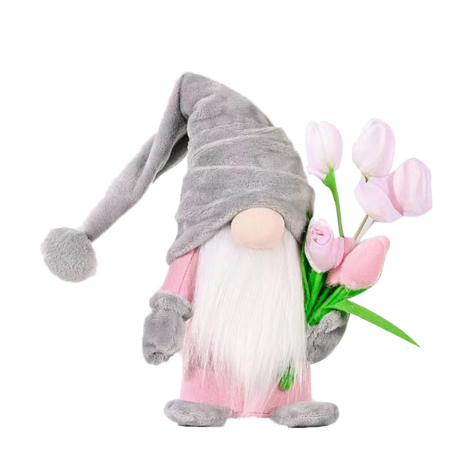 Plush gnome doll with a grey hat and pink body holding a bouquet of pink tulips against a white background.