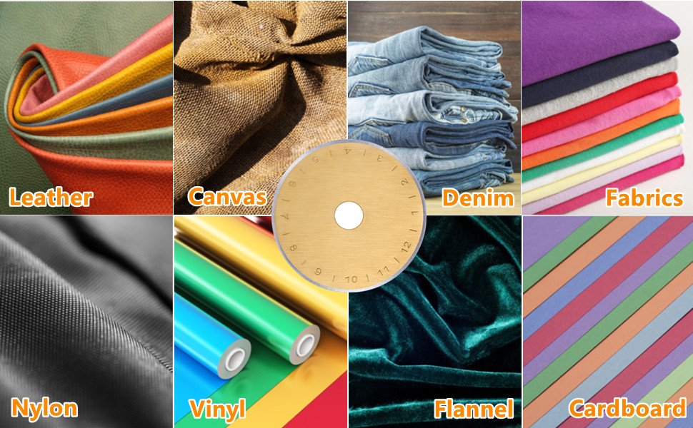 Collage of materials including leather, canvas, denim, fabrics, nylon, vinyl, flannel, and cardboard, with a rotary cutter blade in the center.