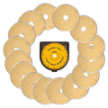 Fifteen 45mm rotary cutter blades arranged around a plastic storage case, all on a white background.