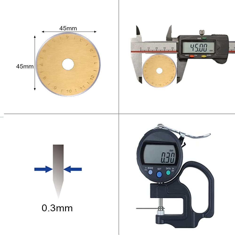 Four images showing rotary cutter blades: one with dimensions, one with calipers, one illustrating thickness, and one with a thickness gauge.