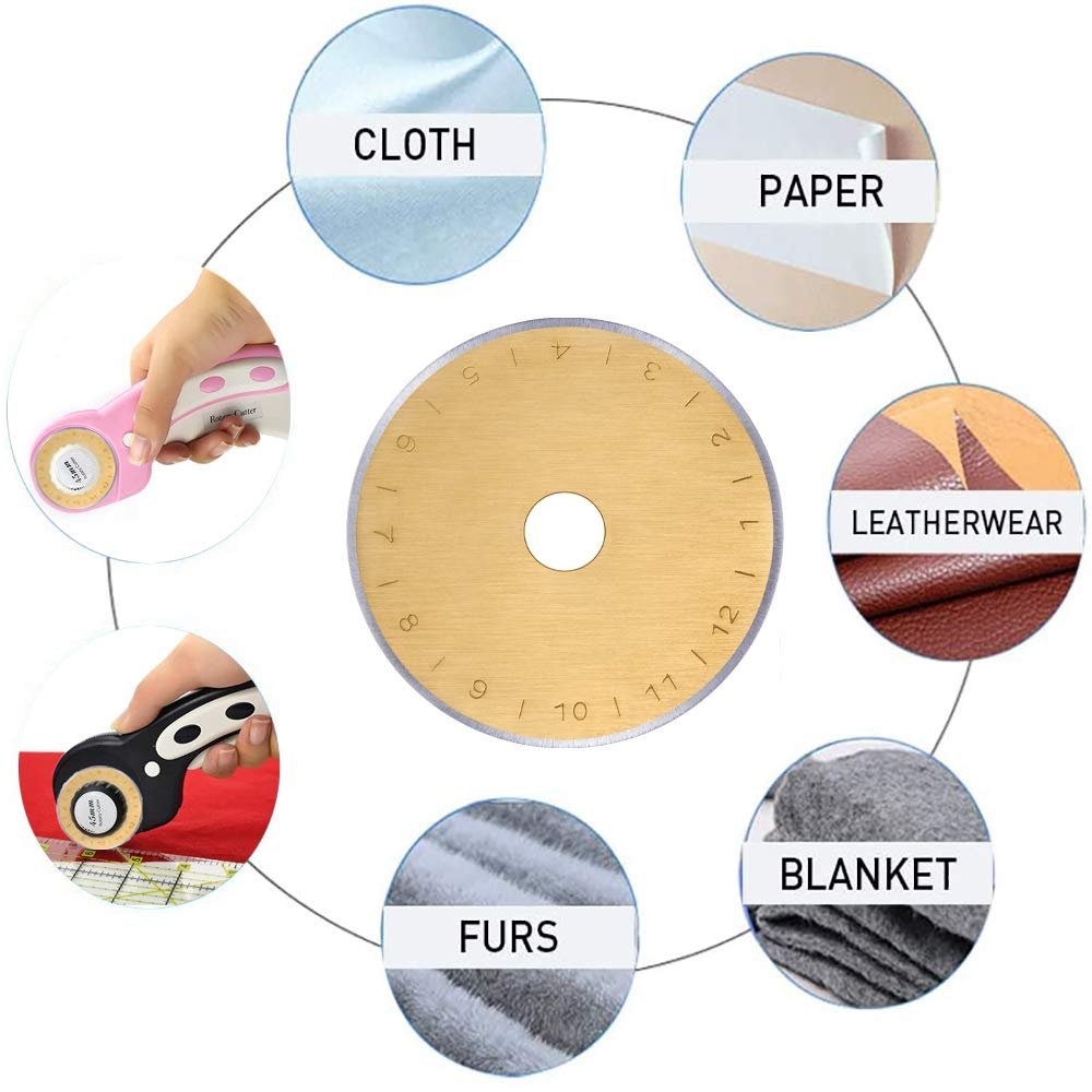 Rotary cutter blades shown with examples of materials they can cut: cloth, paper, leatherwear, furs, and blanket.