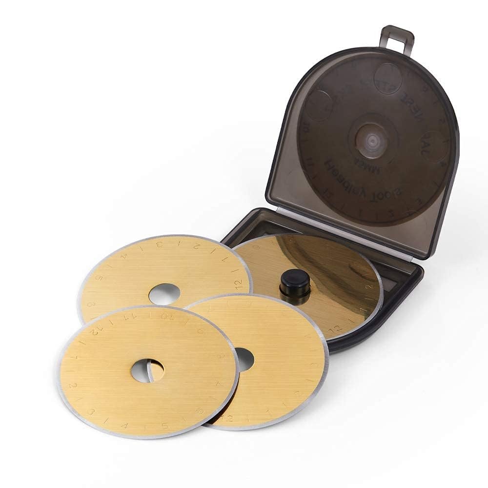 Four 45mm rotary cutter blades with storage case, showing measurement markings on blades.