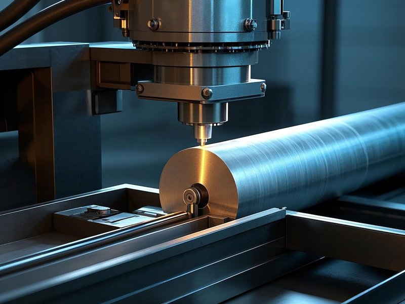 Industrial machine with a spinning cutting tool processing a large metal cylinder, close-up view.