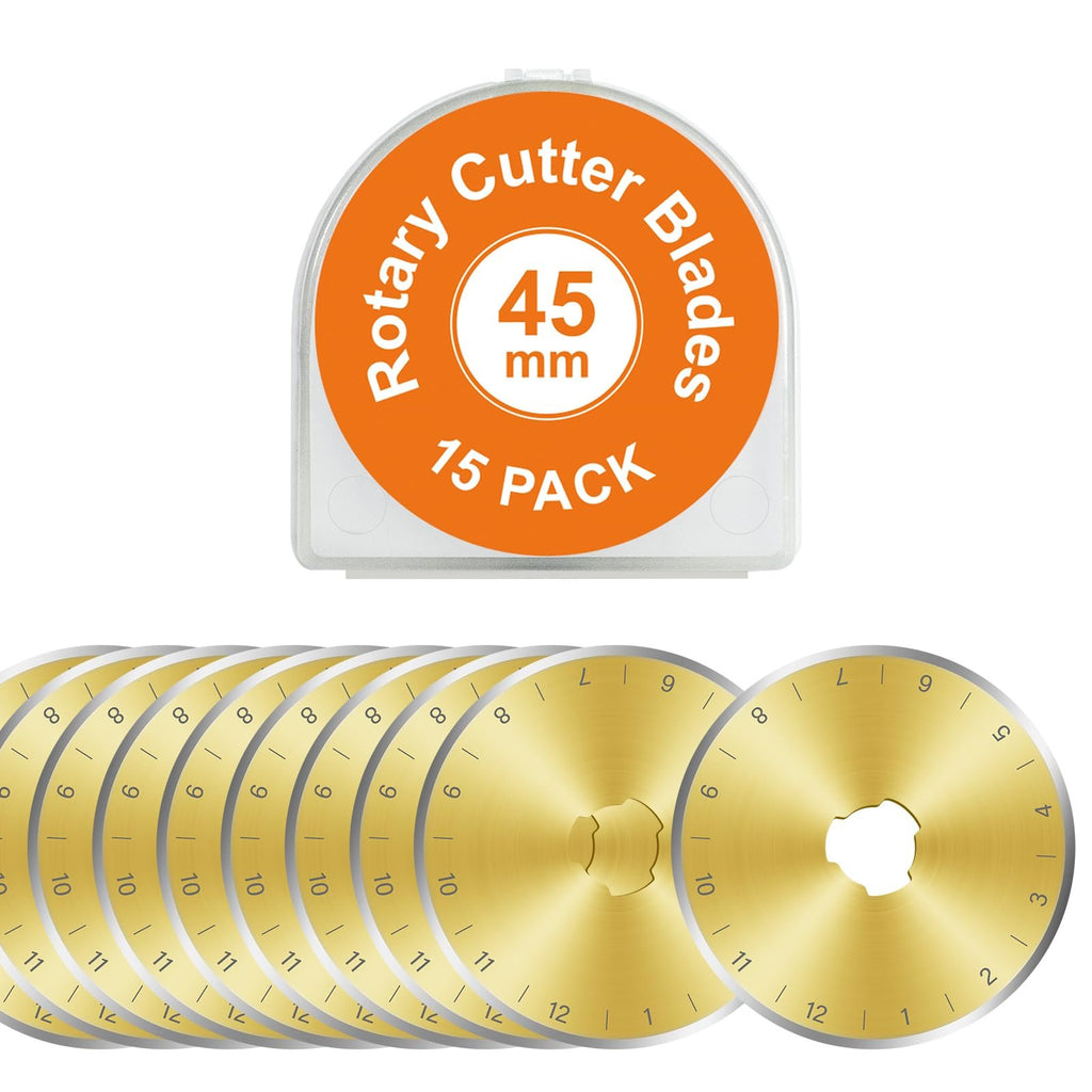 15-pack of 45mm rotary cutter blades in a clear plastic case with an orange label.