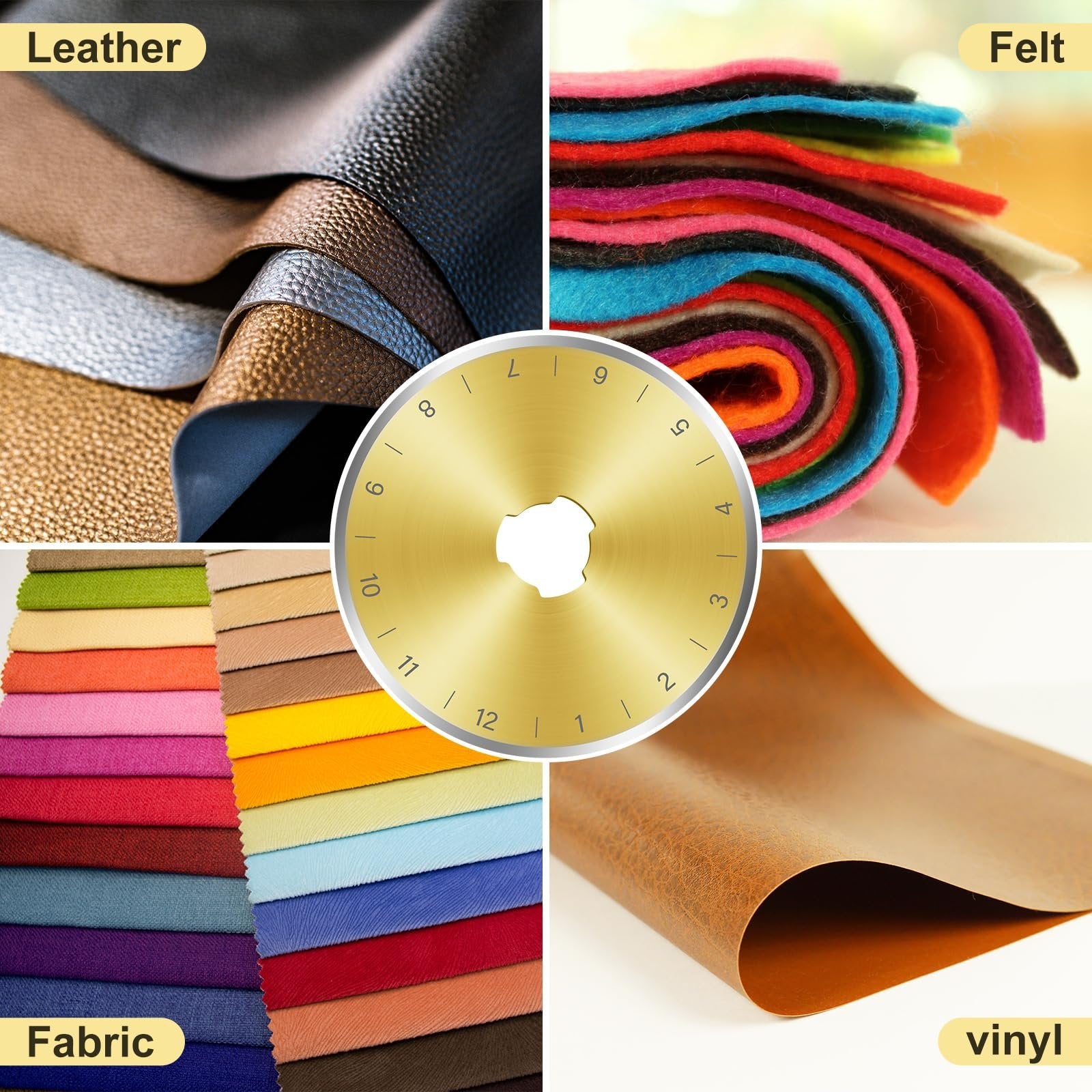 Collage of materials including leather, felt, fabric swatches, and vinyl, with a rotary cutter blade in the center.