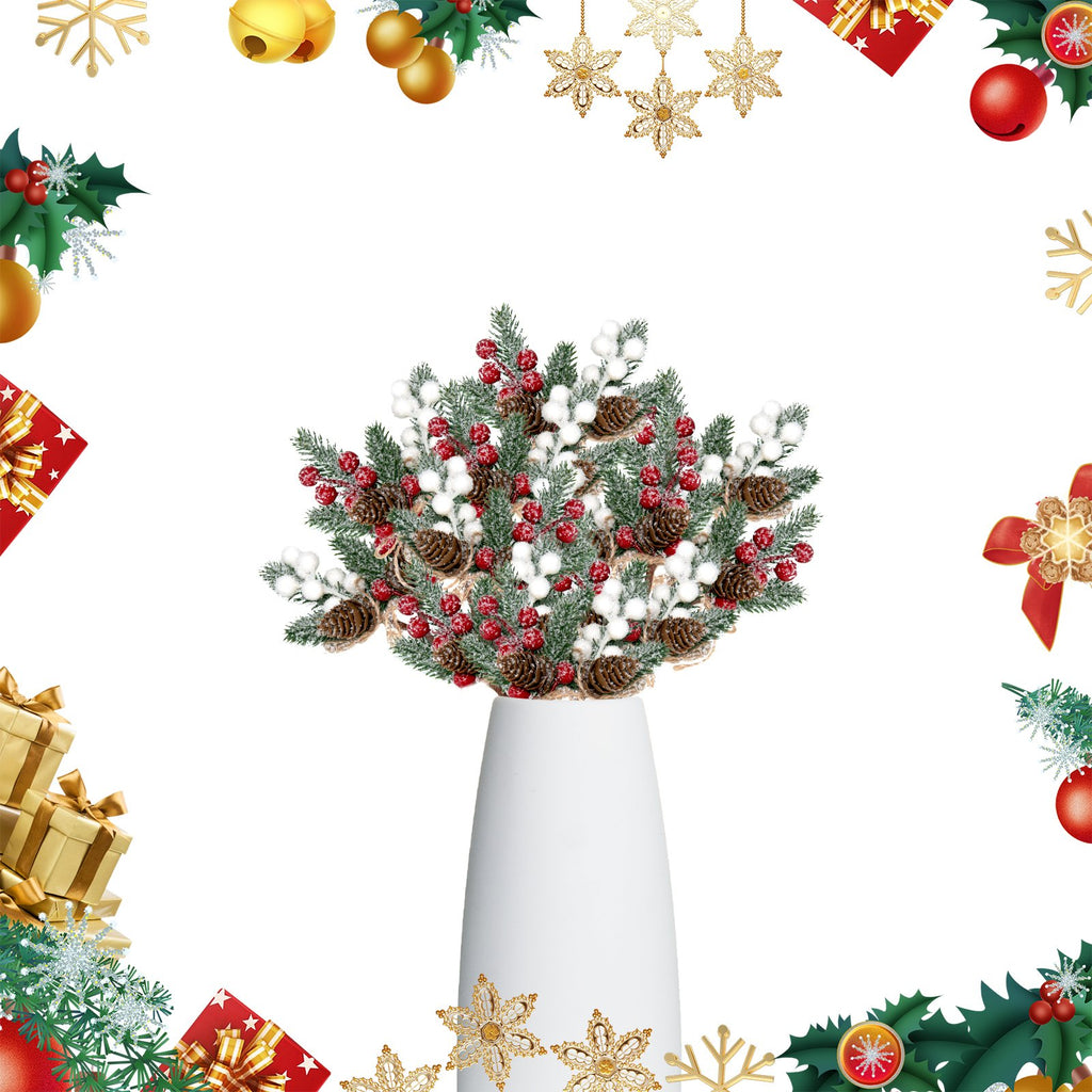 Artificial holly berry picks with pinecones and white berries in a white vase, surrounded by Christmas decorations.