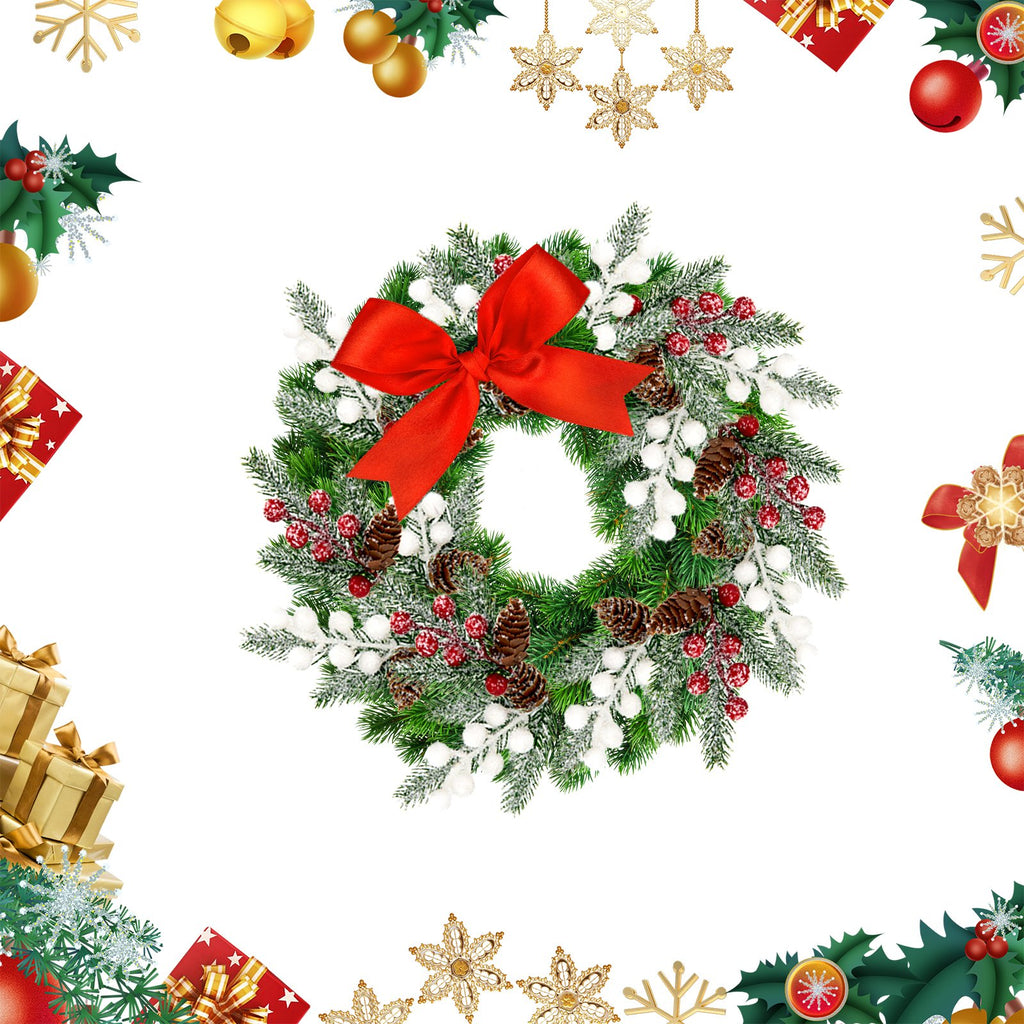Christmas wreath with red bow, pinecones, berries, and frosted branches, surrounded by festive ornaments and gifts.
