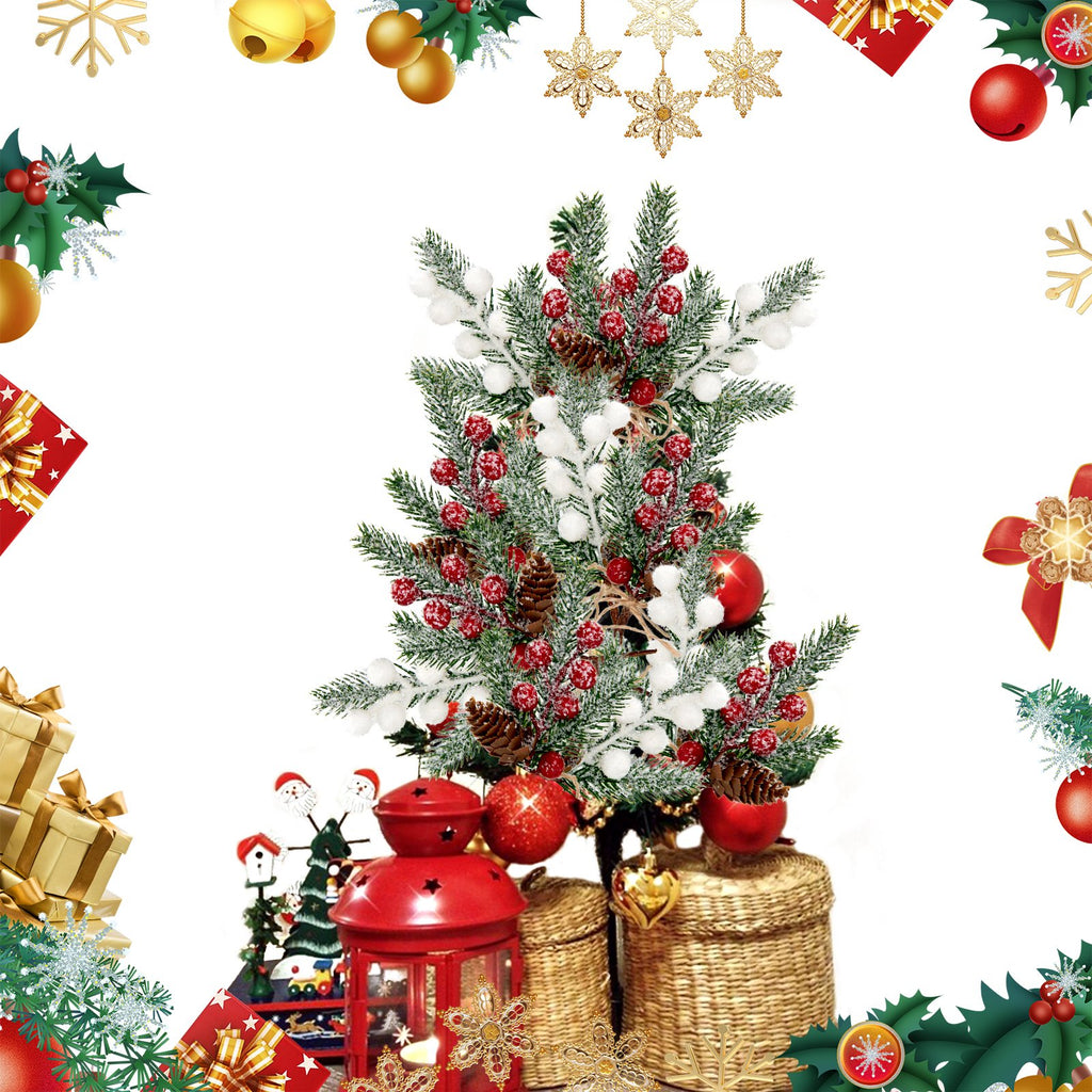 Flocked artificial Christmas tree with red berries, white pom poms, pinecones, and ornaments, surrounded by festive decorations.