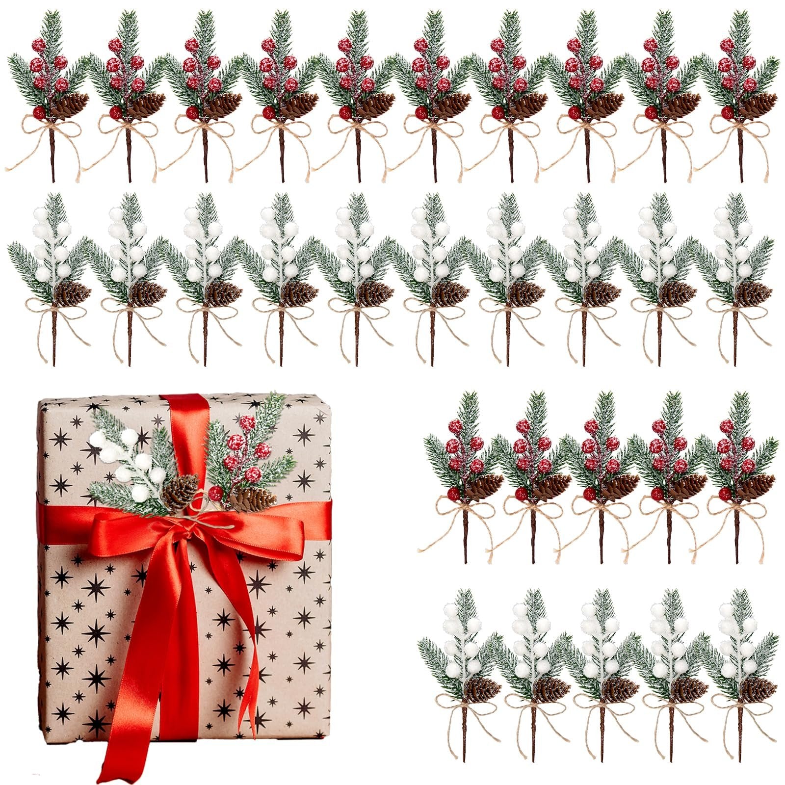 Artificial holly berry picks with red berries, white berries, pinecones, and pine needles arranged on a wrapped gift and in rows.