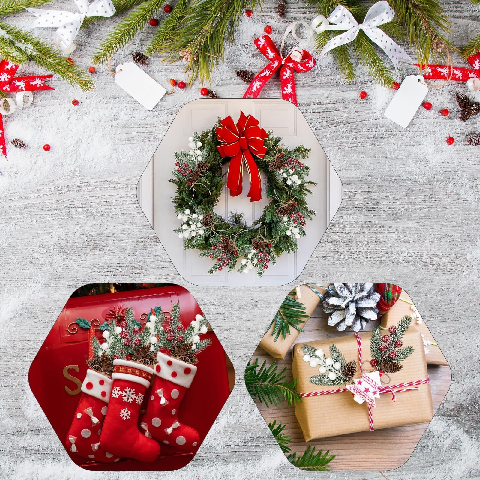 Christmas wreath on door, stockings on red surface, and gift-wrapped presents with pine sprigs and pinecones