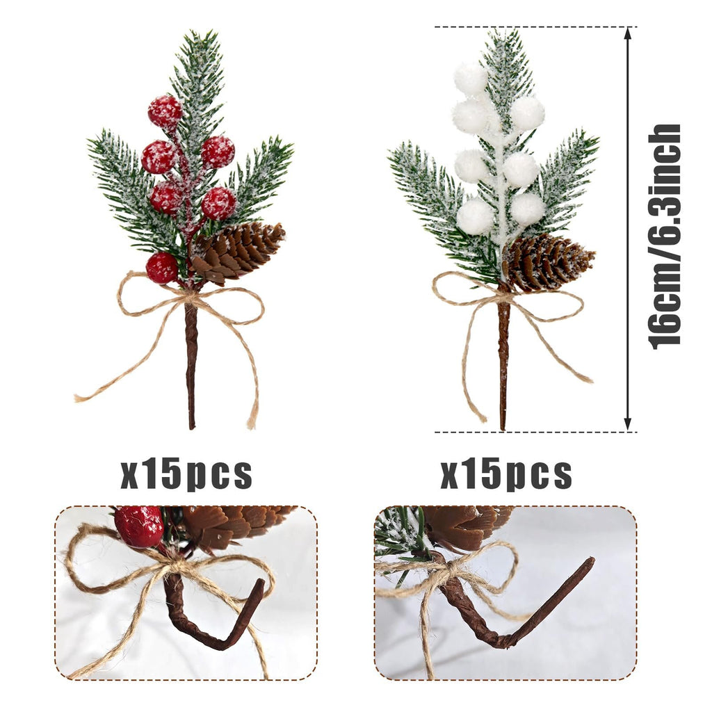 Two flocked artificial holly berry picks with pinecones and twine bows, one with red berries and one with white berries, shown with size and quantity indicators.