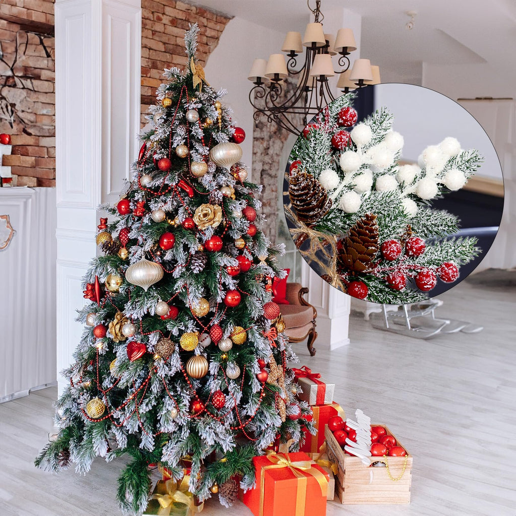 Flocked artificial holly berry pick with pinecones and red berries, shown in a circular inset over a decorated Christmas tree.