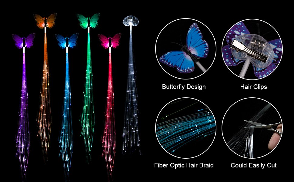 LED fiber optic hair extensions with butterfly clips in multiple colors, showing design and clipping mechanism